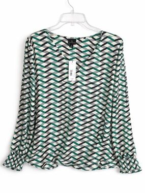 Worthington Green Black White Geometric V-Neck Blouse Long Sleeve XL NWT